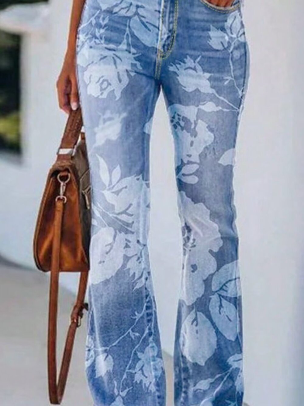 Women's Floral Print Flare Jeans High Waisted Stretch Long Denim Pants Baggy